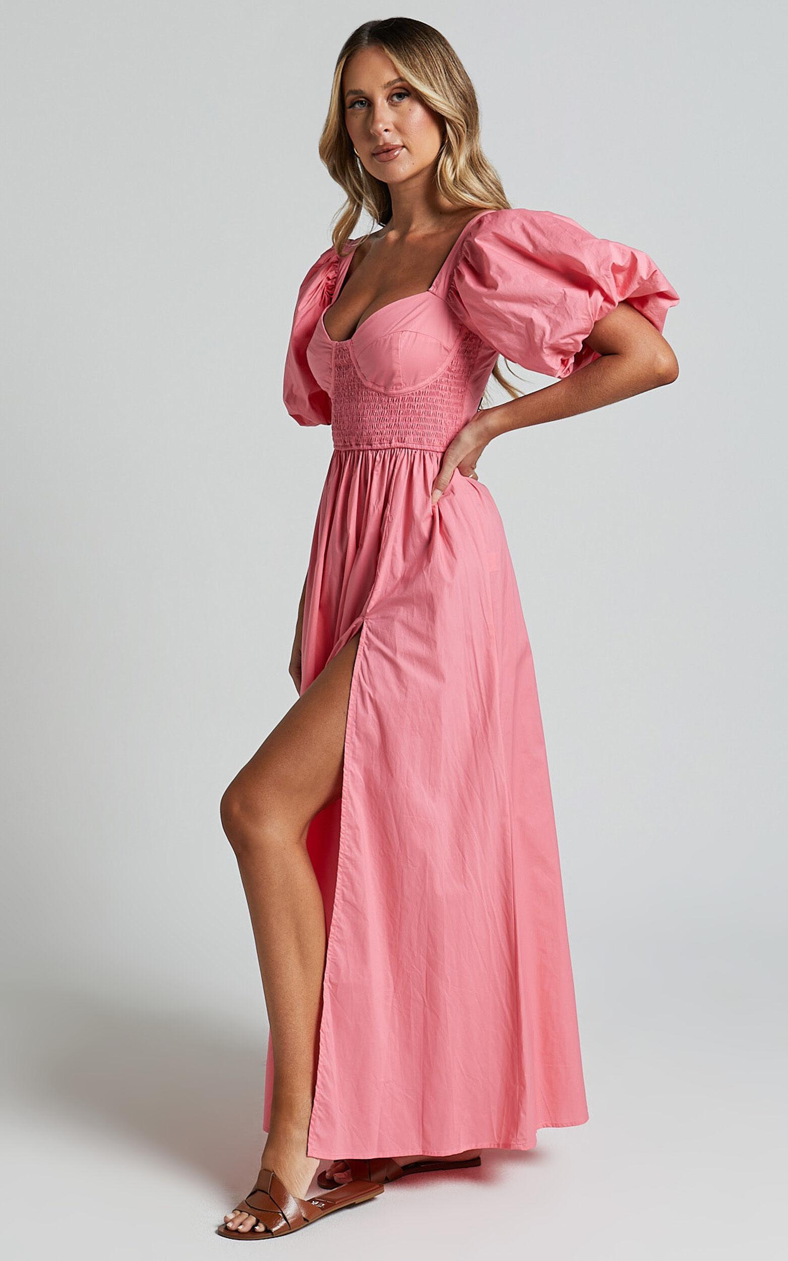 Raiza Midi Dress - Shirred Waist Puff Sleeve Dress in Coral Pink Product Image