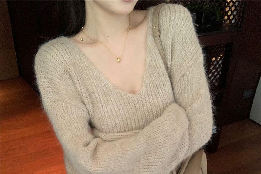 V-Neck Plain Ribbed Sweater Product Image