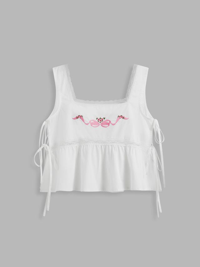 100% Cotton Square Neck Floral Bowknot Embroidery Lace Trim Ruffle Hem Tie Side Crop Tank Top Product Image