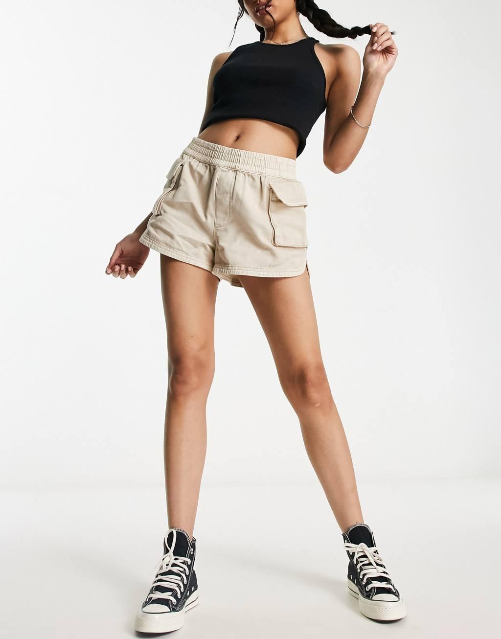 Miss Selfridge cargo pocket runner shorts in washed khaki Product Image