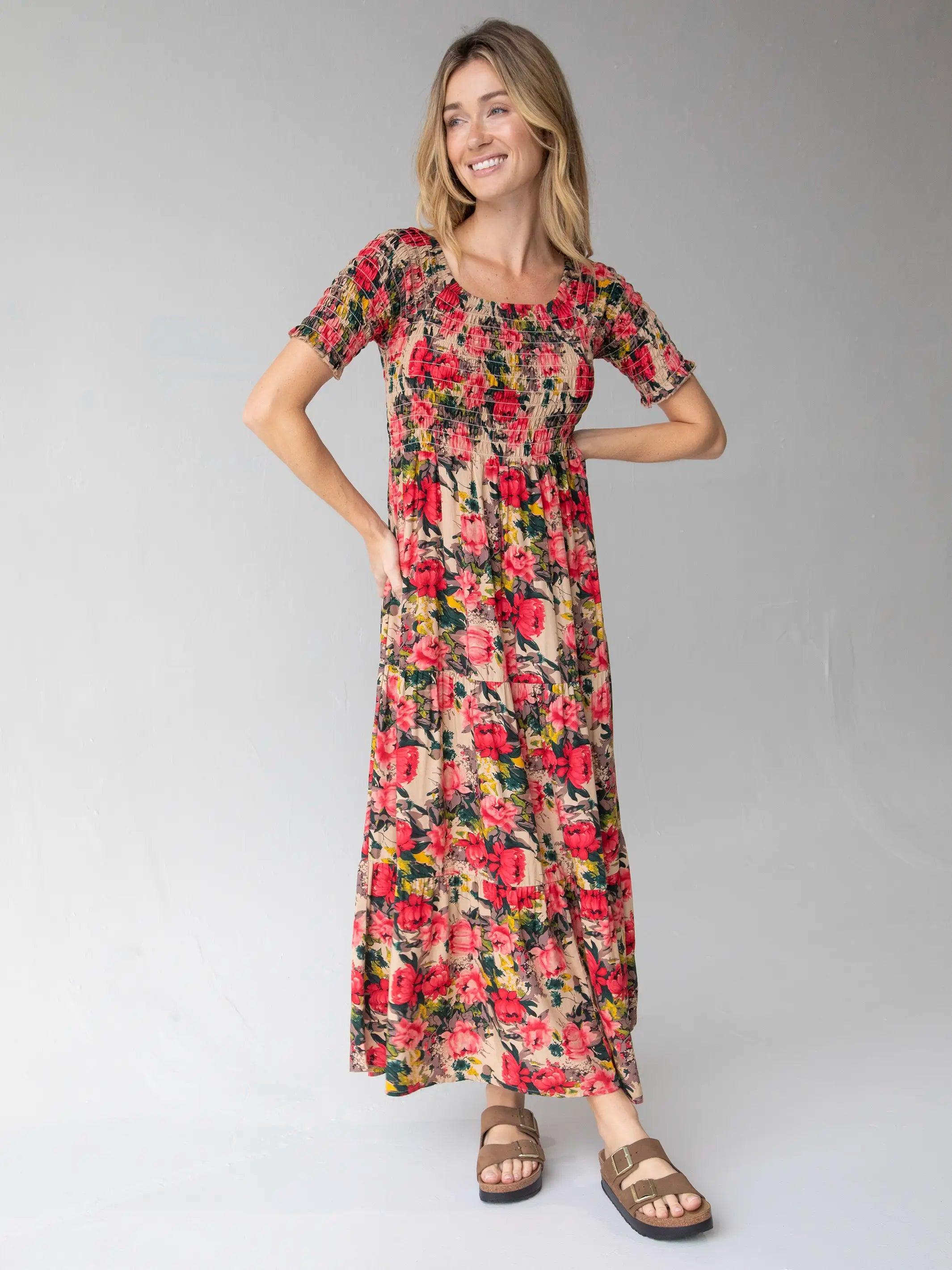 Daisy Tiered Maxi Dress - Tan Red Roses Product Image