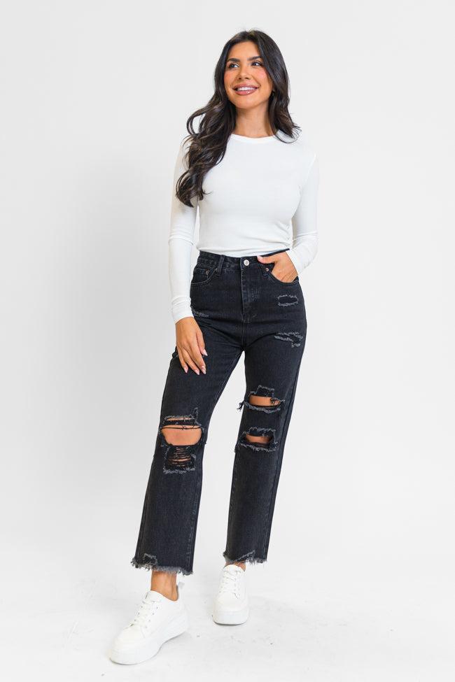 Megan Black Wash Distressed Straight Leg Mom Jeans Product Image