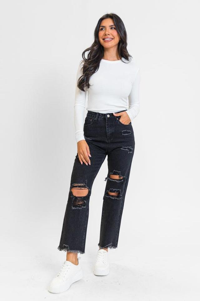 Megan Black Wash Distressed Straight Leg Mom Jeans Product Image