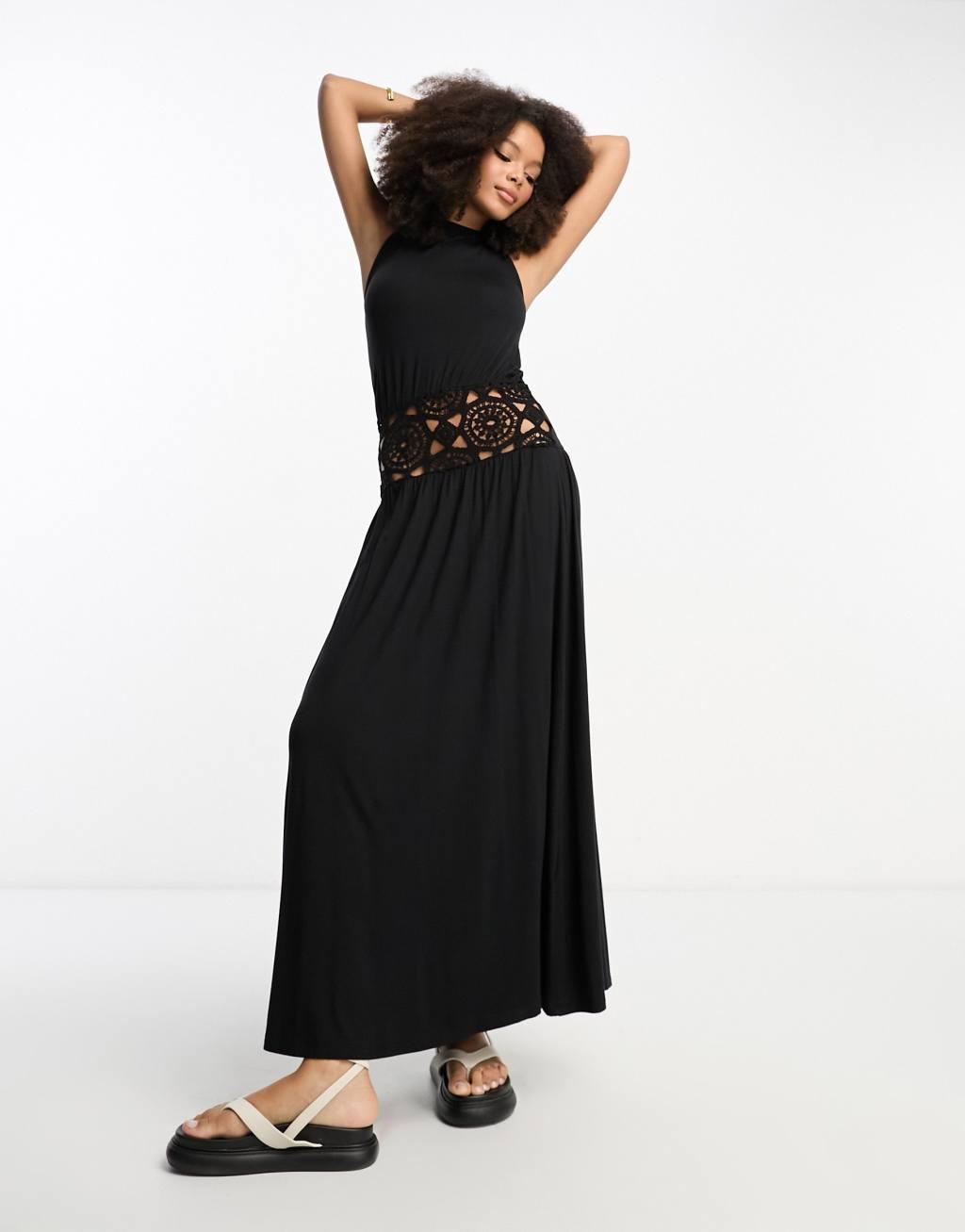 ASOS DESIGN halter neck midi dress with crochet bodice in black Product Image