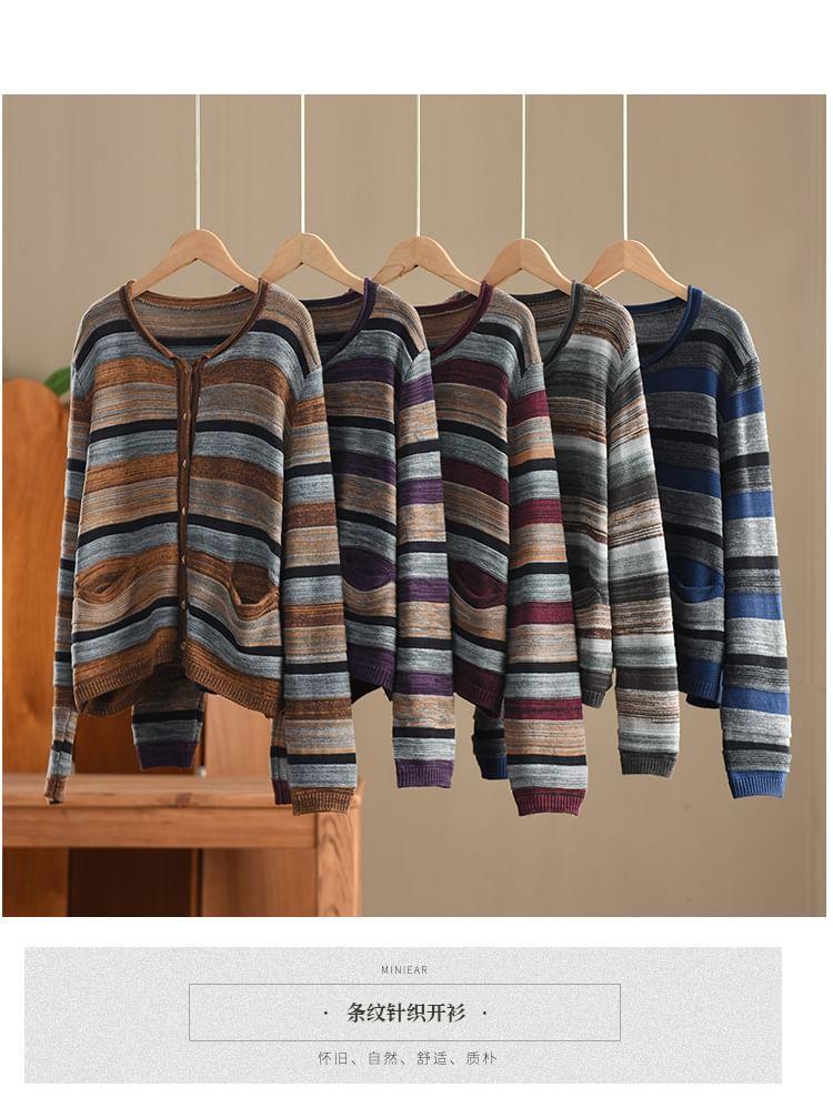 Crew Neck Color Block Button-Up Cardigan Product Image