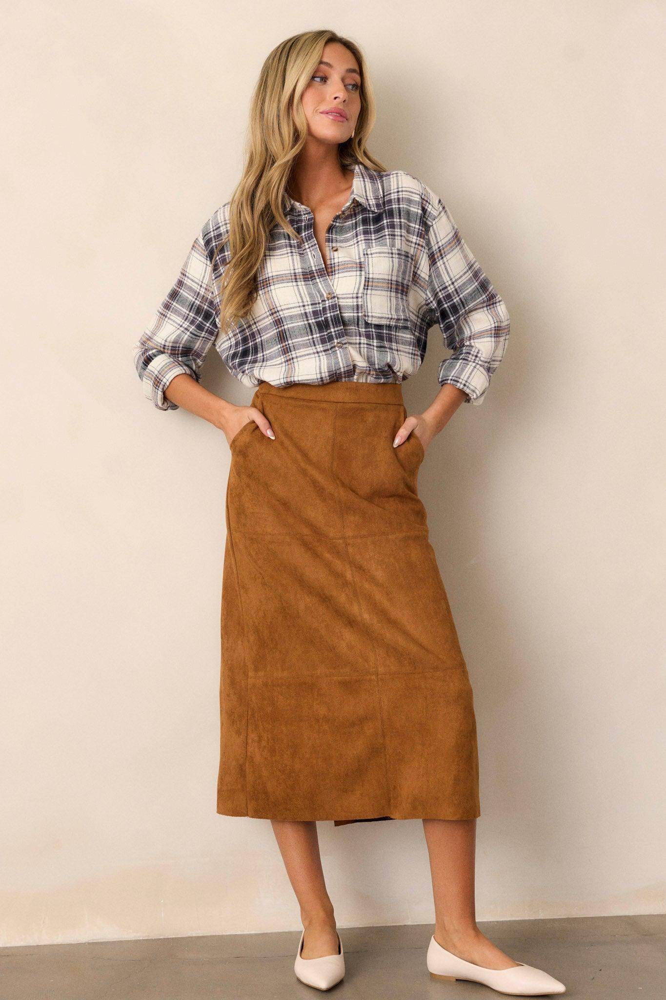 I'm Telling You Caramel Brown Faux Suede Midi Skirt Product Image