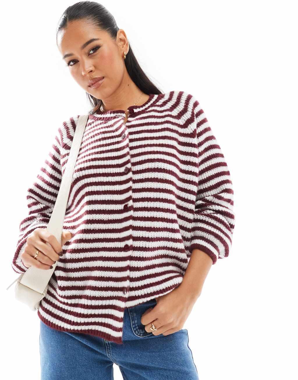 ASOS DESIGN knitted raglan cardigan in burgundy stripe Product Image