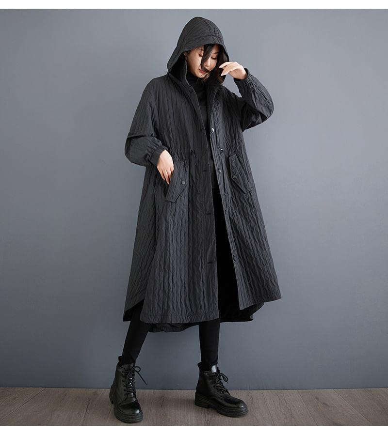 Stand Collar Plain Drawstring-Waist Hood Midi Button Trench Coat Product Image