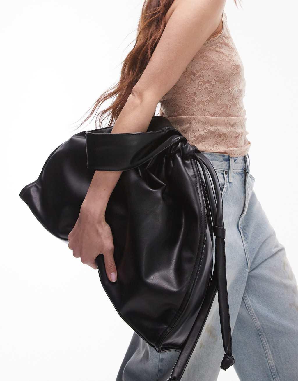 Topshop Thom oversized tote bag with ruched detail in black Product Image