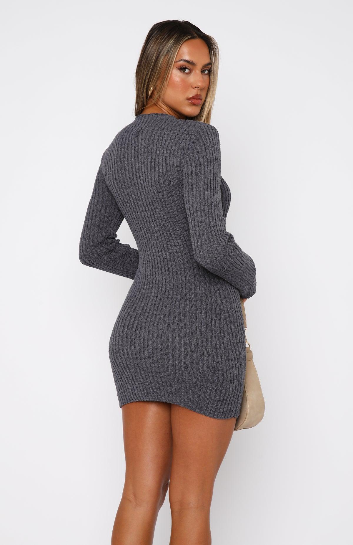 Get On Down Long Sleeve Knit Mini Dress Charcoal Product Image