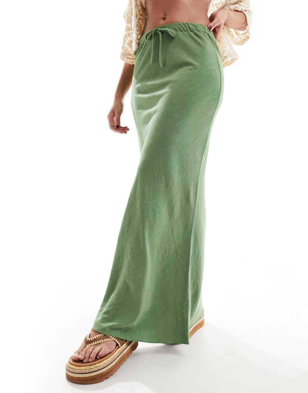 ASOS DESIGN linen look tie waist bias cut maxi skirt in khaki product image