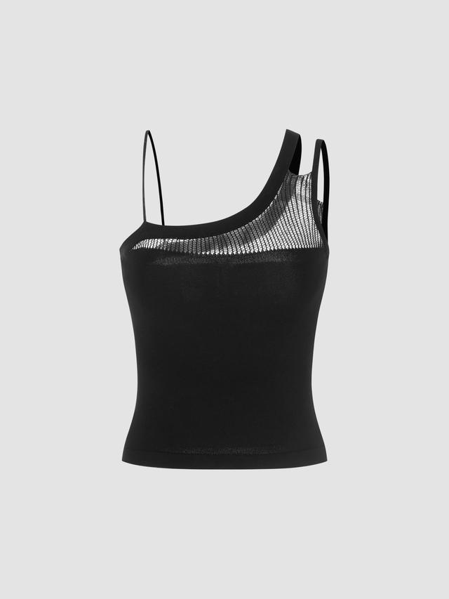 Asymmetrical Neck See-through Solid Crop Top Product Image