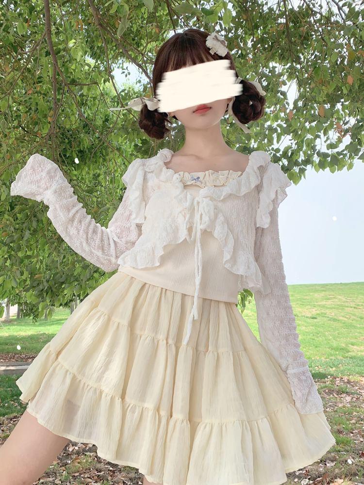 Floral Embroidered Ruffled Tie-Front Shrug Product Image