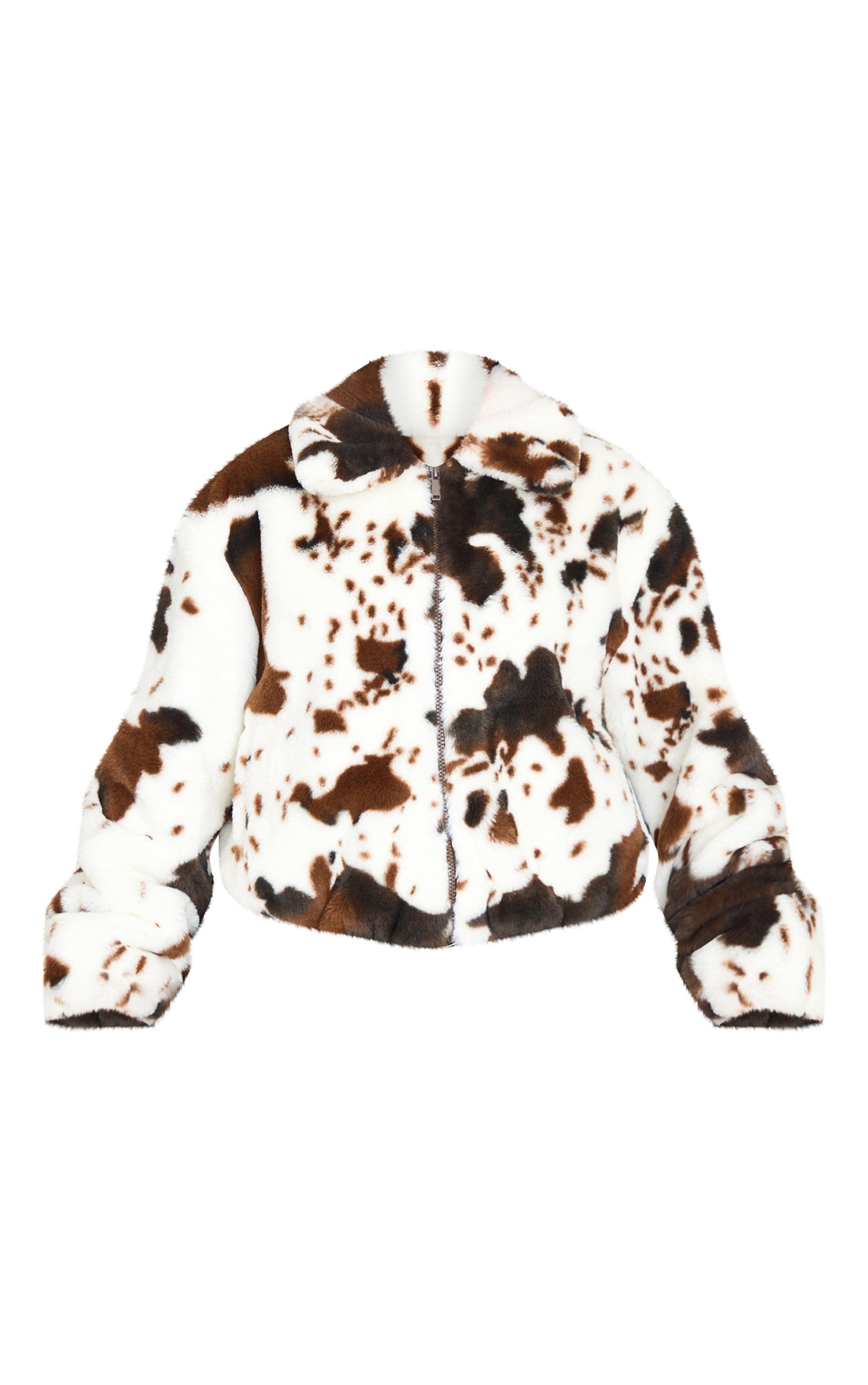 White Faux Fur Cow Print Zip Jacket Product Image