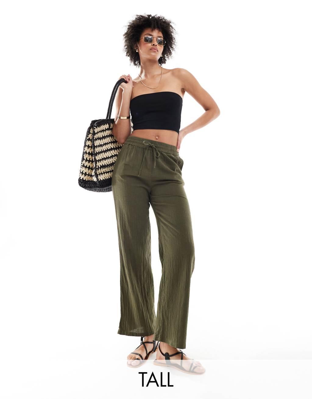 ONLY Tall linen texture wide leg pants in khaki  Product Image