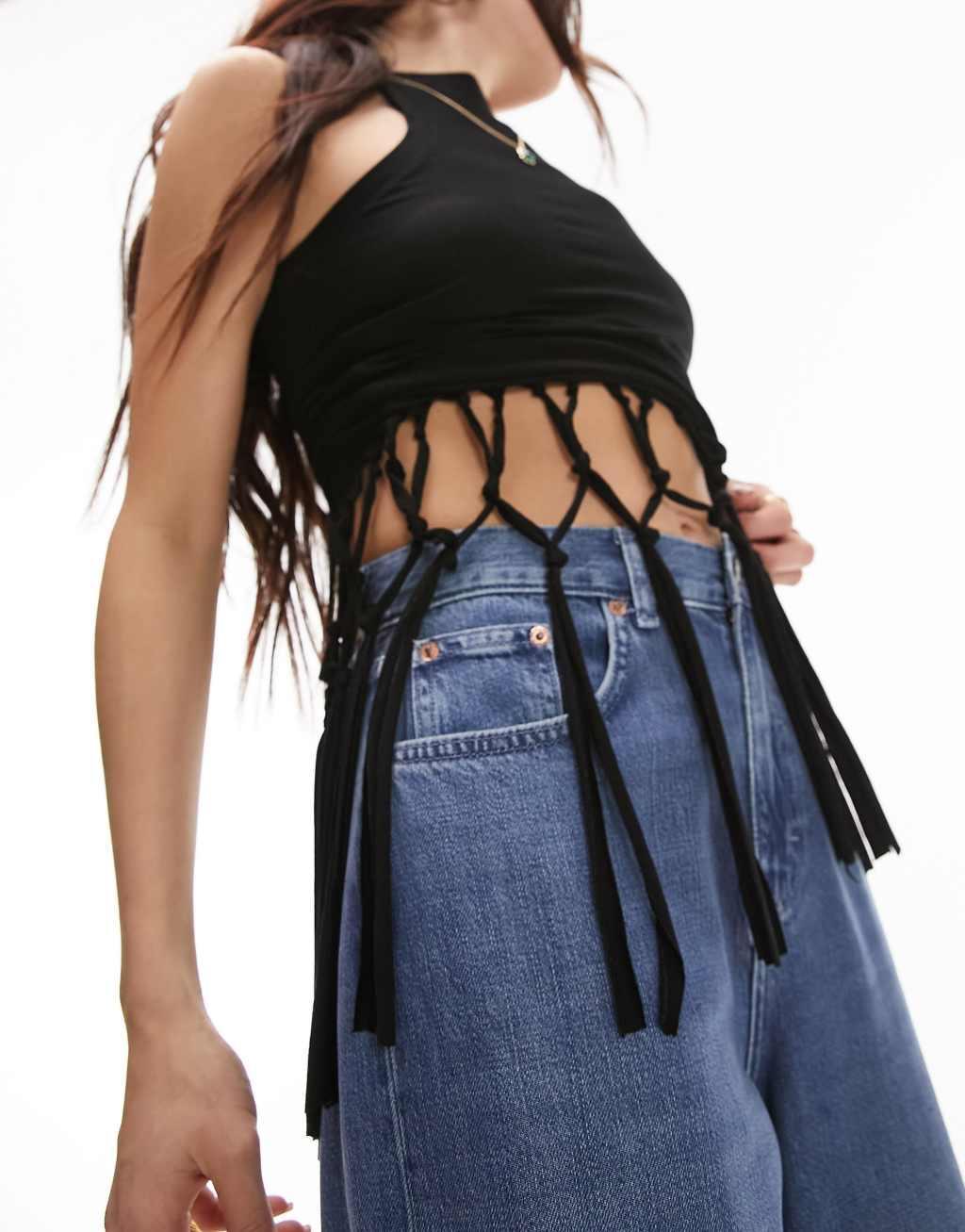 Topshop loose wide leg jeans in mid blue Product Image