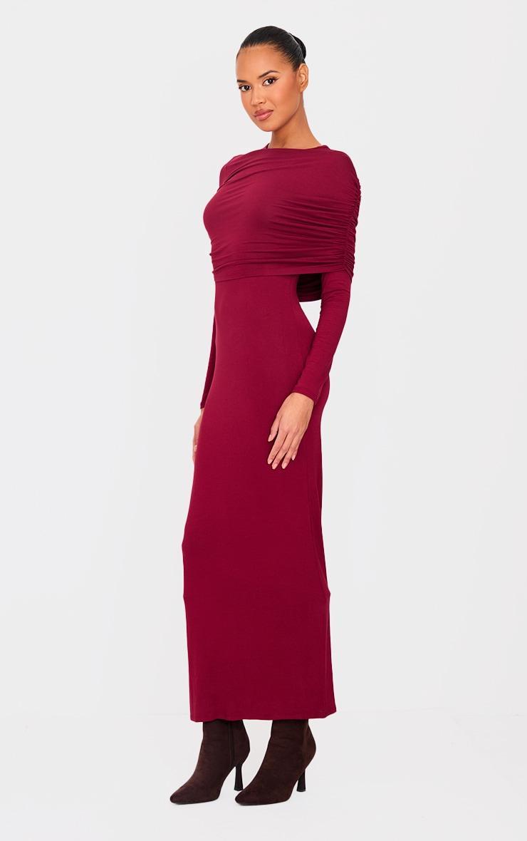 Burgundy Ruched Overlay Long Sleeve Maxi Dress Product Image