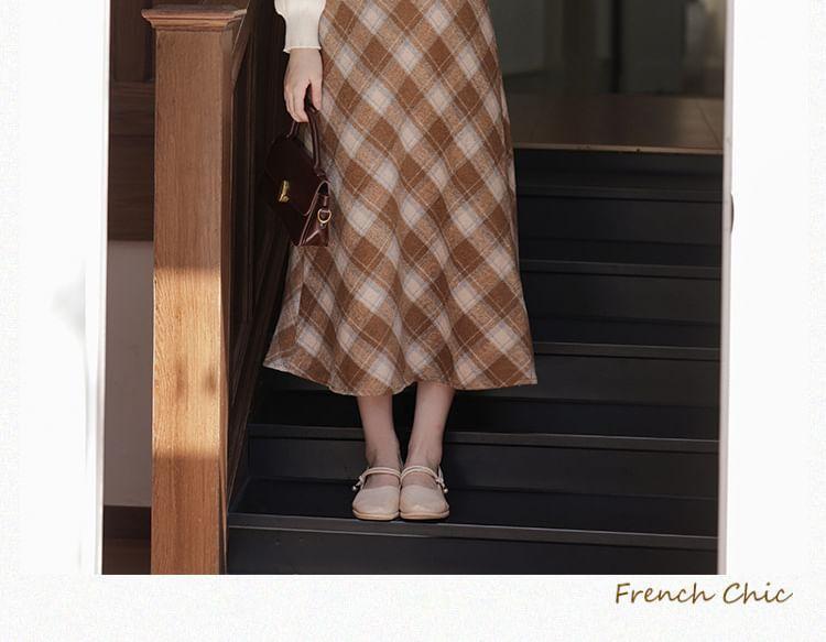 Set: Long-Sleeve Ribbon Neck Plain Top + High Rise Plaid Midi A-Line Skirt Product Image