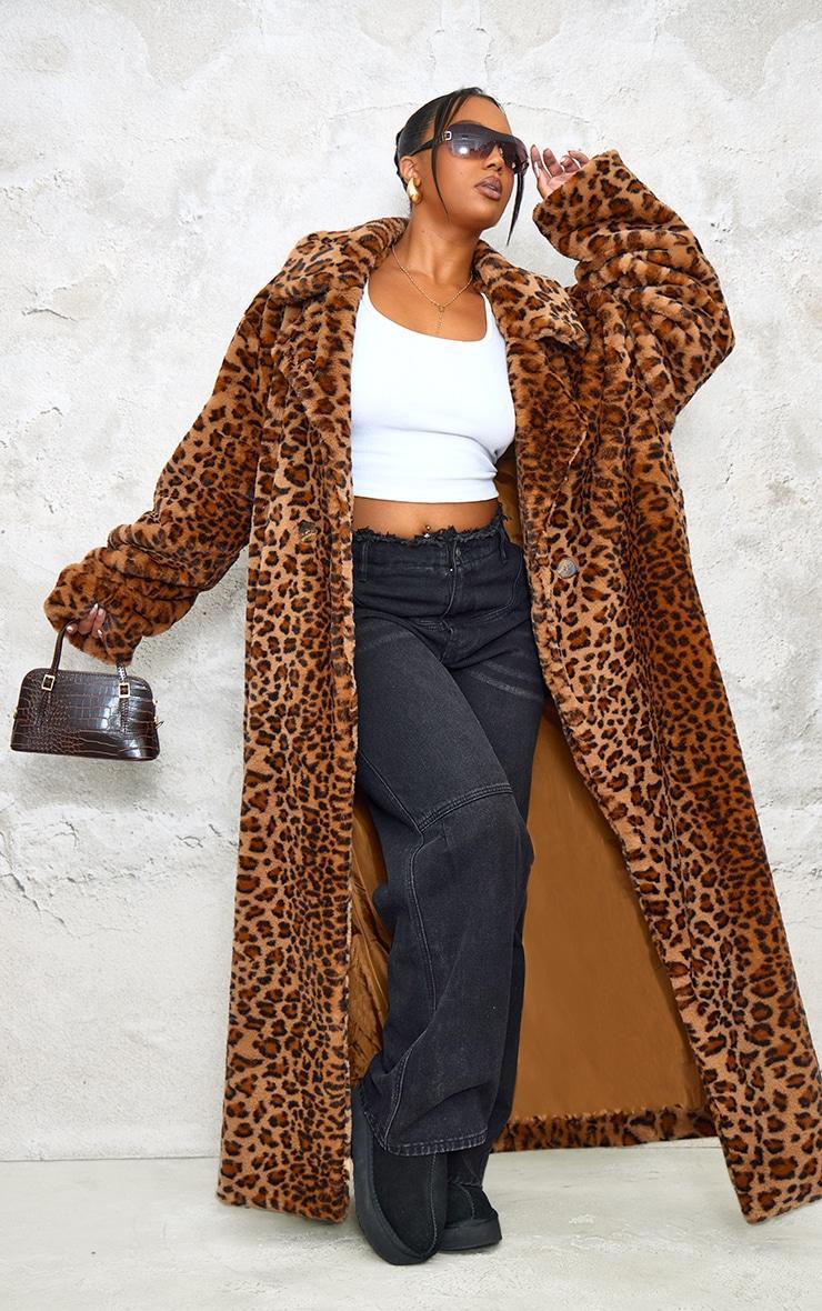 Plus Brown Soft Faux Fur Leopard Print Maxi Coat Product Image