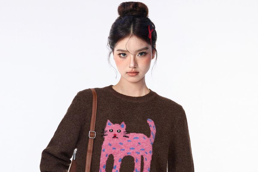 Round Neck Cat Jacquard Sweater Product Image