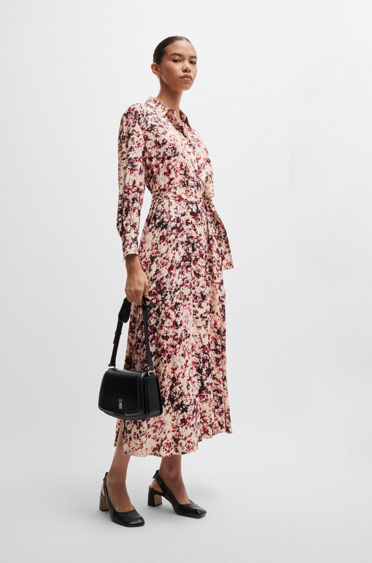 Long-sleeved shirt dress in floral-print satin Product Image