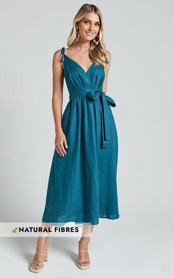 Amalie The Label - Siena Linen Tie Shoulder Wrap Midi Dress in Moss product image