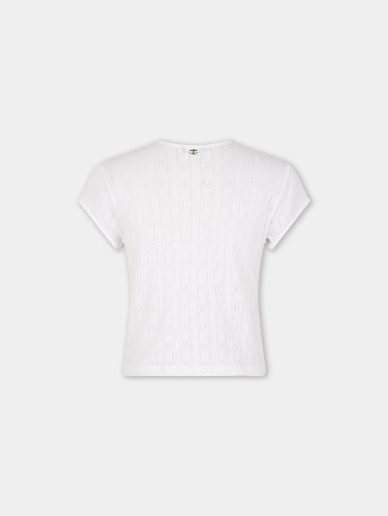 WHITE CROP TEE-SHIRT IN JERSEY POINTELLE Product Image