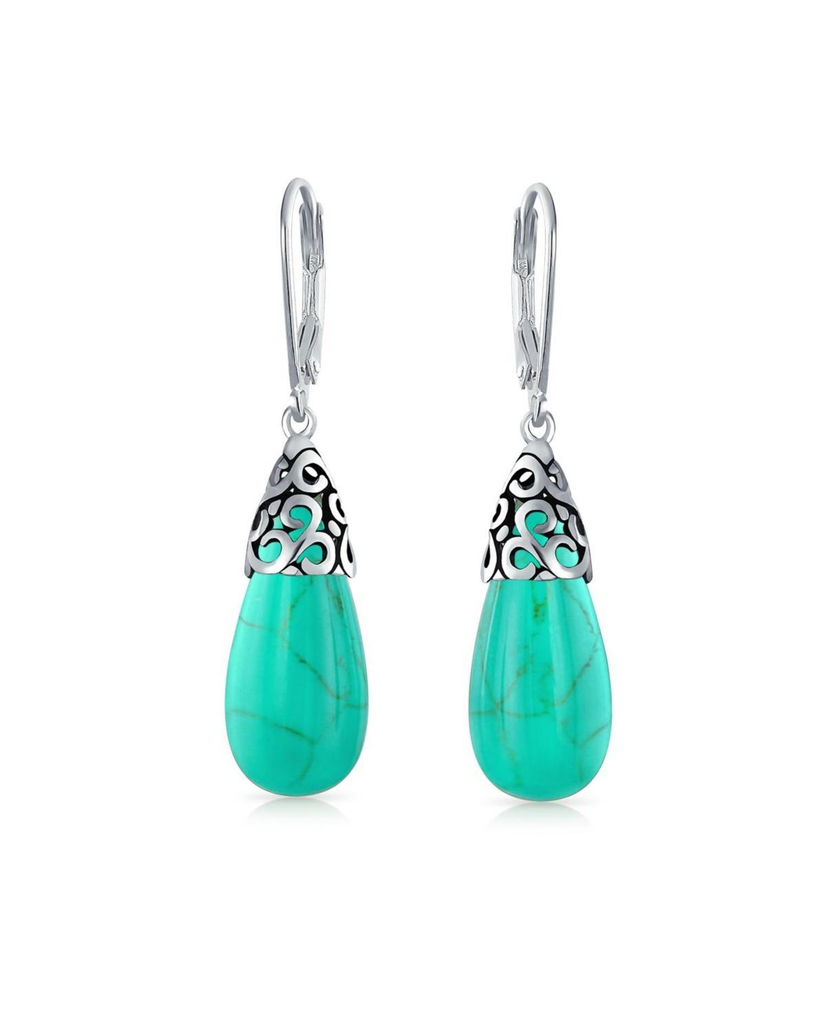 Bling Jewelry Western Style Stabilized Natural Turquoise Elongated Teardrop Filigree Lever Back Dangle Earrings For Women Sterling Silver - Aqua turqu Product Image