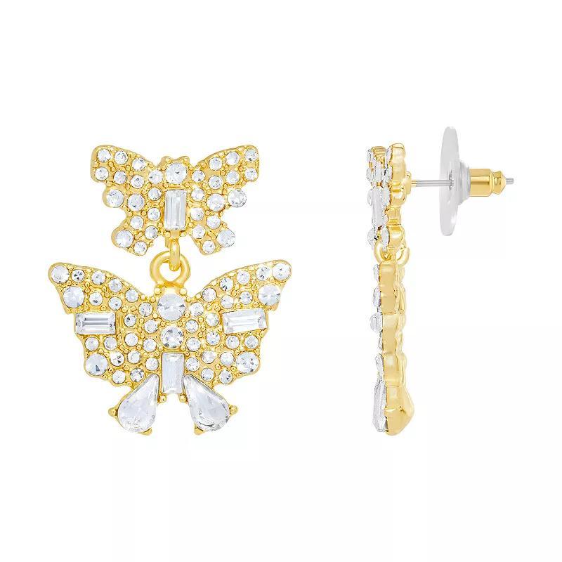 Emberly Pave Glass Stone Double Butterfly Drop Earrings, Womens, Yellow Gold Tone Product Image