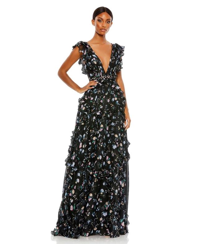 Mac Duggal Floral Print Tiered Ruffle Hem Deep V-Neck Sleeveless Embellished Waist Open Back Gown Product Image