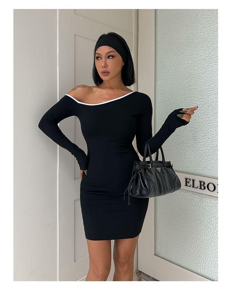 Long-Sleeve One-Shoulder Plain Contrast Trim Mini Sheath Dress / T-Shirt Product Image