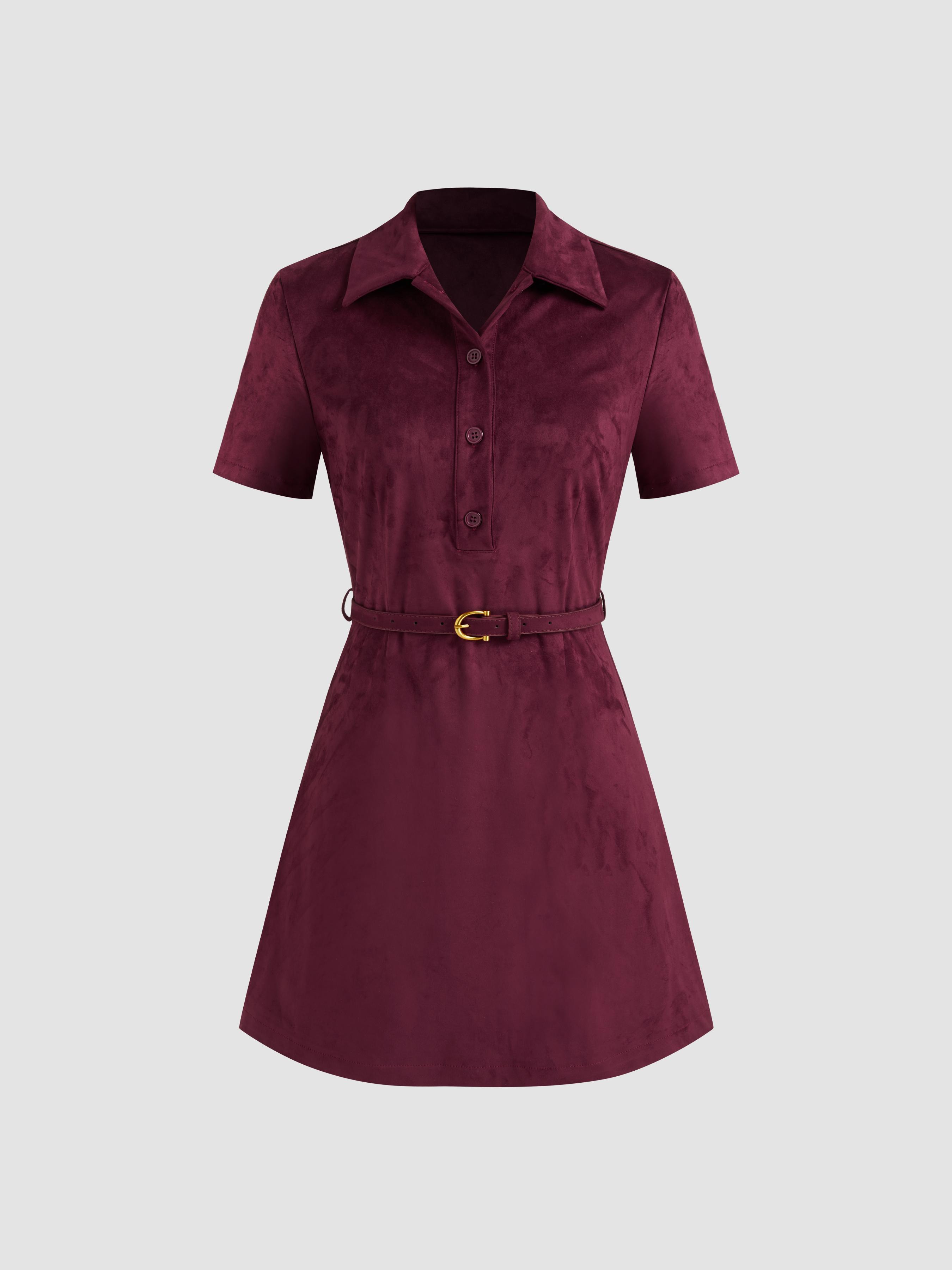 Suede Collar Solid Mini Shirt Dress With Belt Product Image