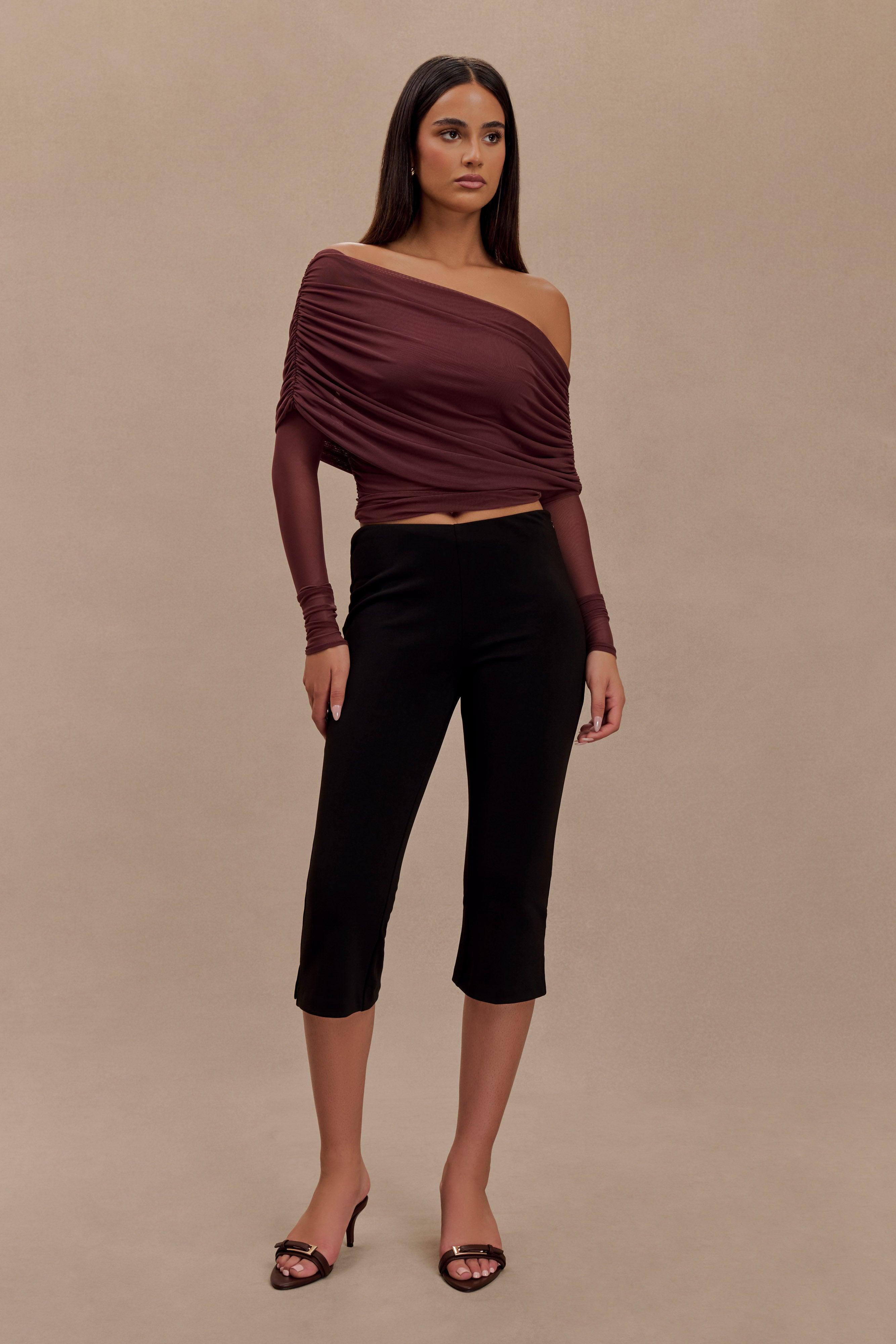 Everly Sheer Mesh Off Shoulder Top - Mahogany Product Image