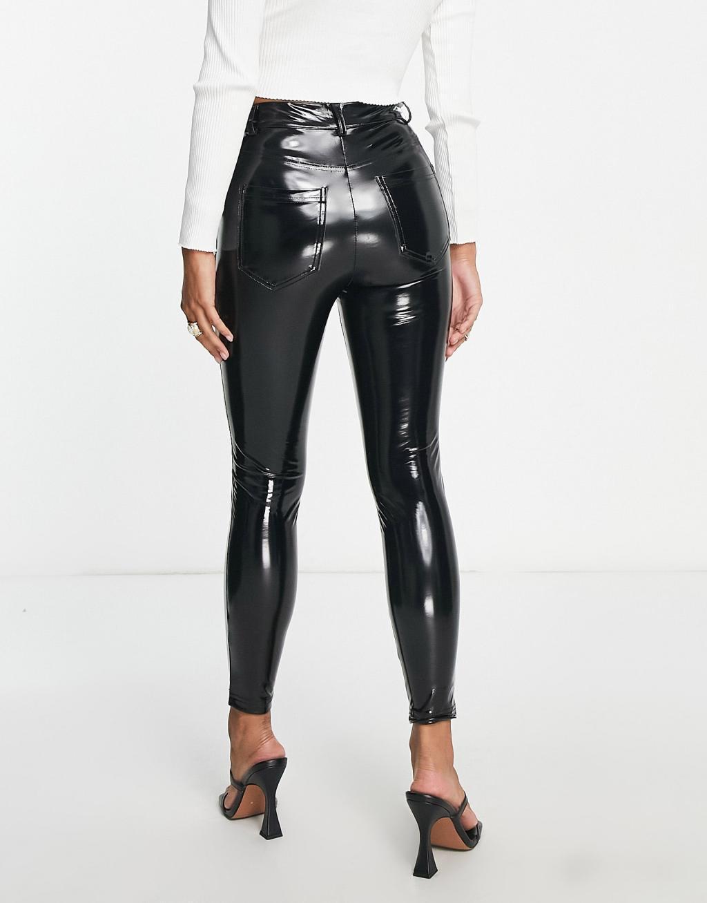 Miss Selfridge petite vinyl skinny pants in black Product Image