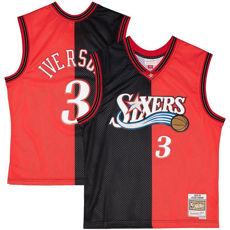 Mens Mitchell & Ness Allen Iverson Black, Red Philadelphia 76ers Big and Tall Hardwood Classics 2000-01 Split Swingman Jersey - Black, Red Product Image