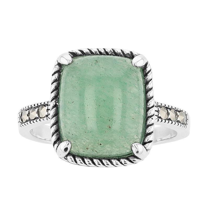 Lavish by TJM Sterling Silver Green Aventurine & Marcasite Cushion Ring, Womens Product Image