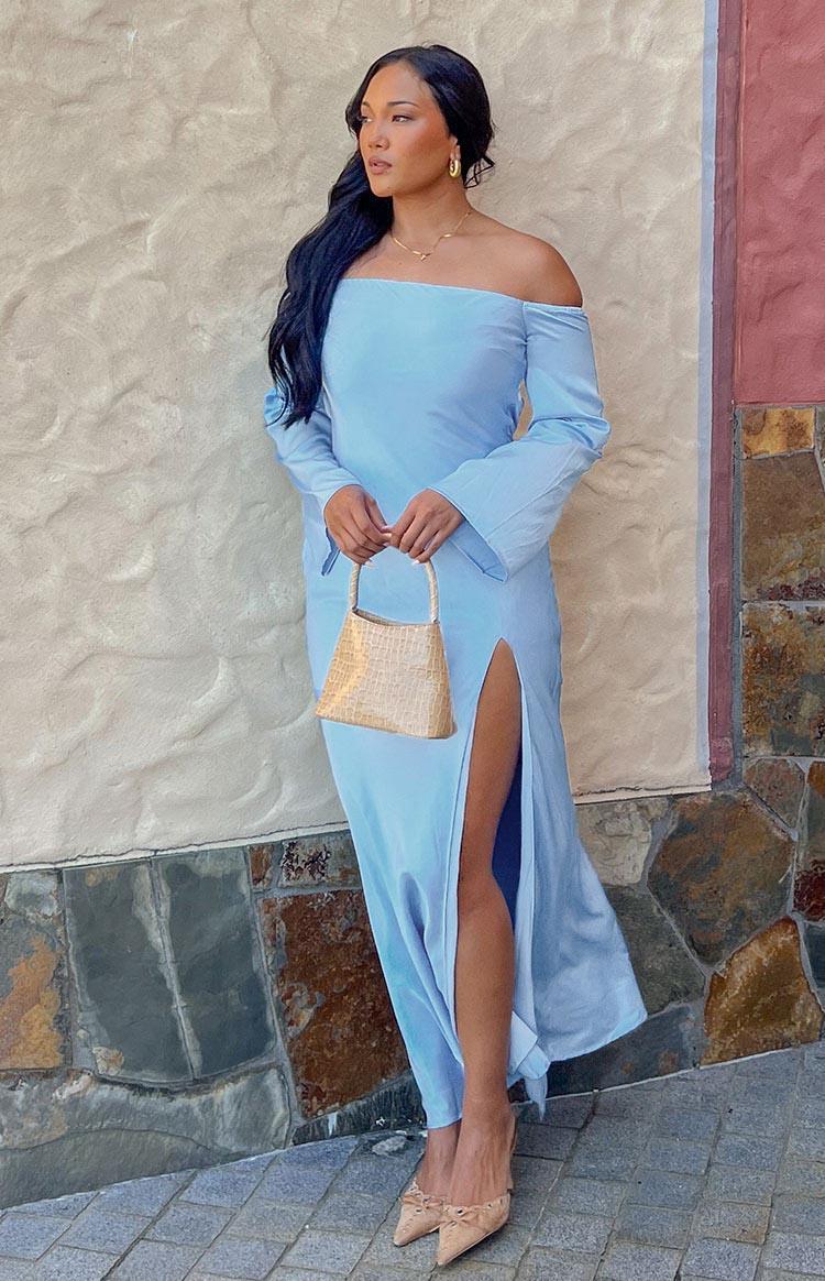 Shae Blue Satin Long Sleeve Maxi Dress Product Image