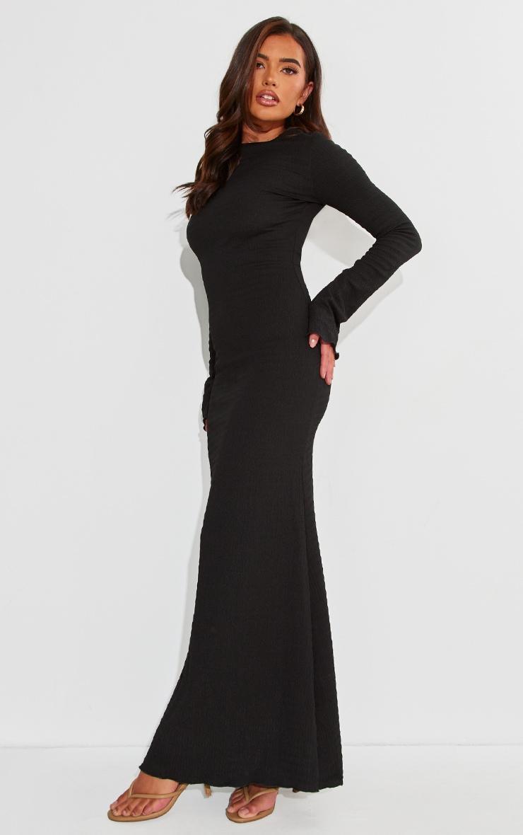 Black Crinkle Textured Lettuce Hem Long Sleeve Maxi Dress Product Image