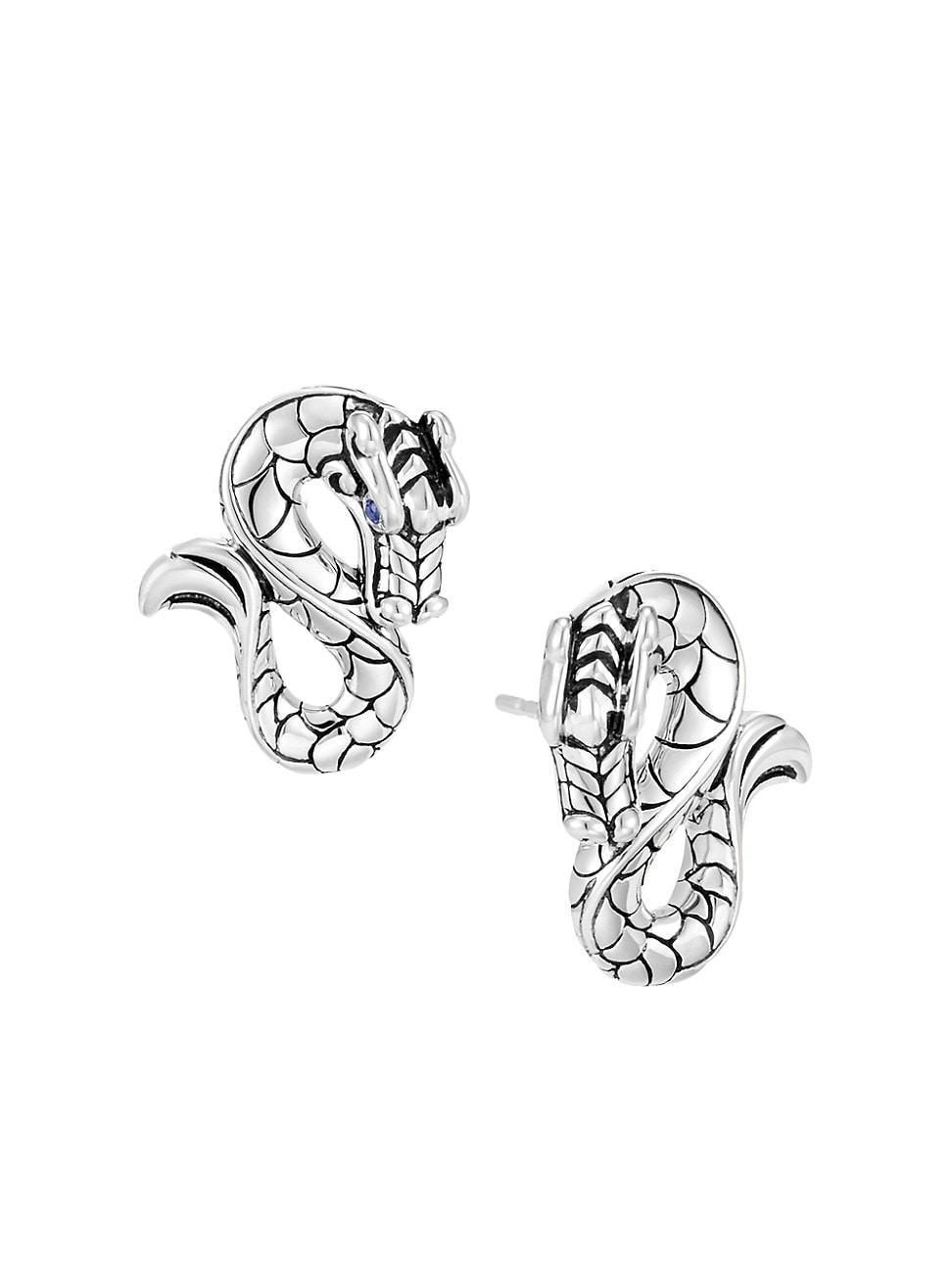 Womens Naga Dragon Silver & Blue Sapphire Stud Earrings Product Image