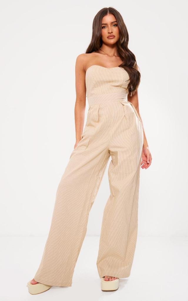 Stone Stripe Bandeau Cotton Pleated Detail Wide Leg Jumpsuit Product Image