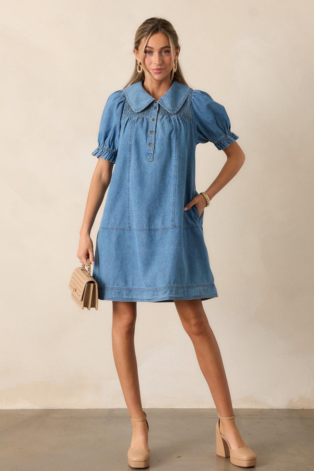 The Tide Calls 100% Cotton Medium Wash Denim Mini Dress product image