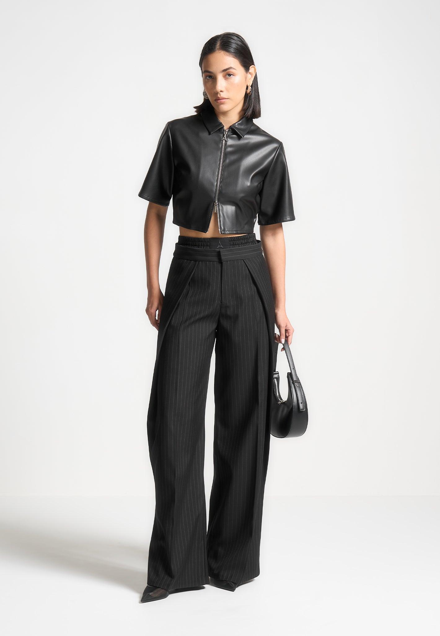 Satin Waistband Pinstripe Trousers - Black Female Product Image