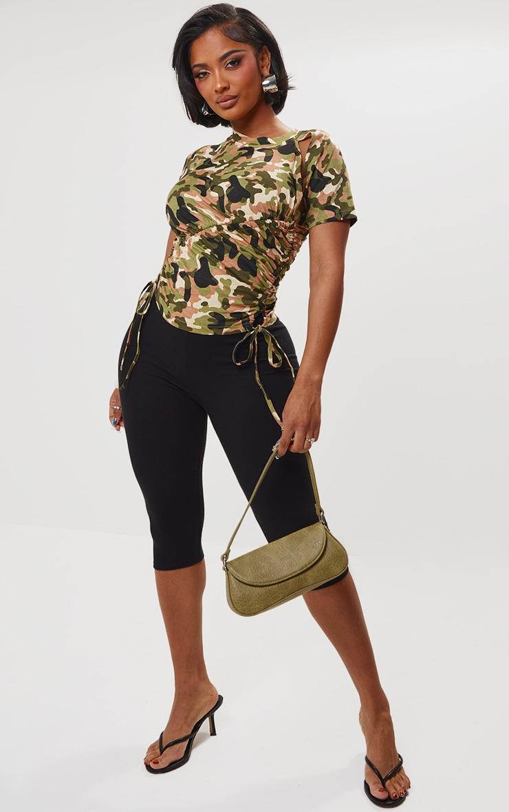 Shape Green Cotton Camo Print Cut Out Ruched Top Product Image