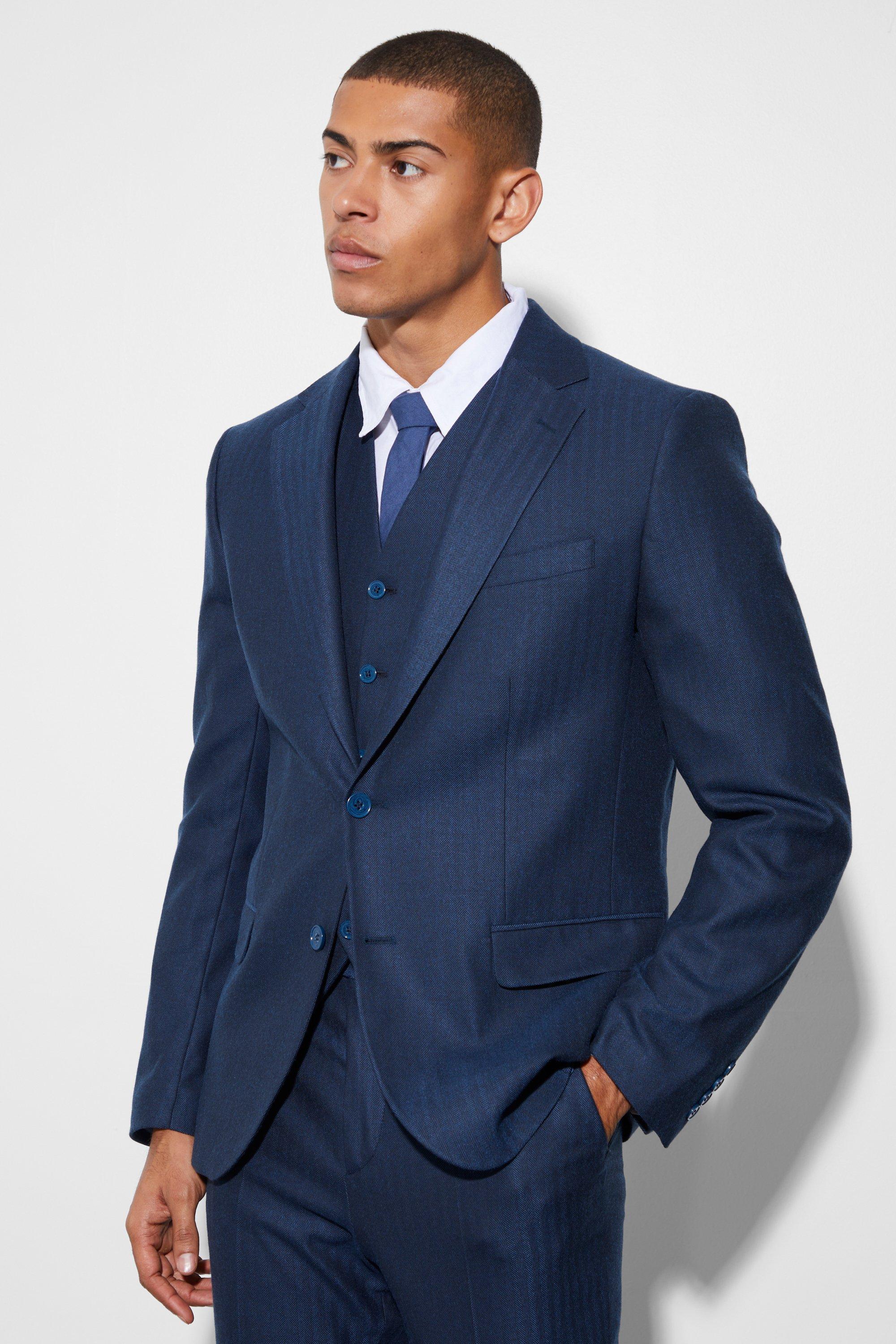 Slim Single Breasted Herringbone Suit Jacket | boohooMAN USA Product Image