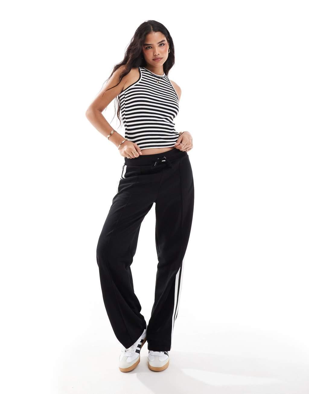 Pieces ribbed racer neck top in black and white stripe Product Image