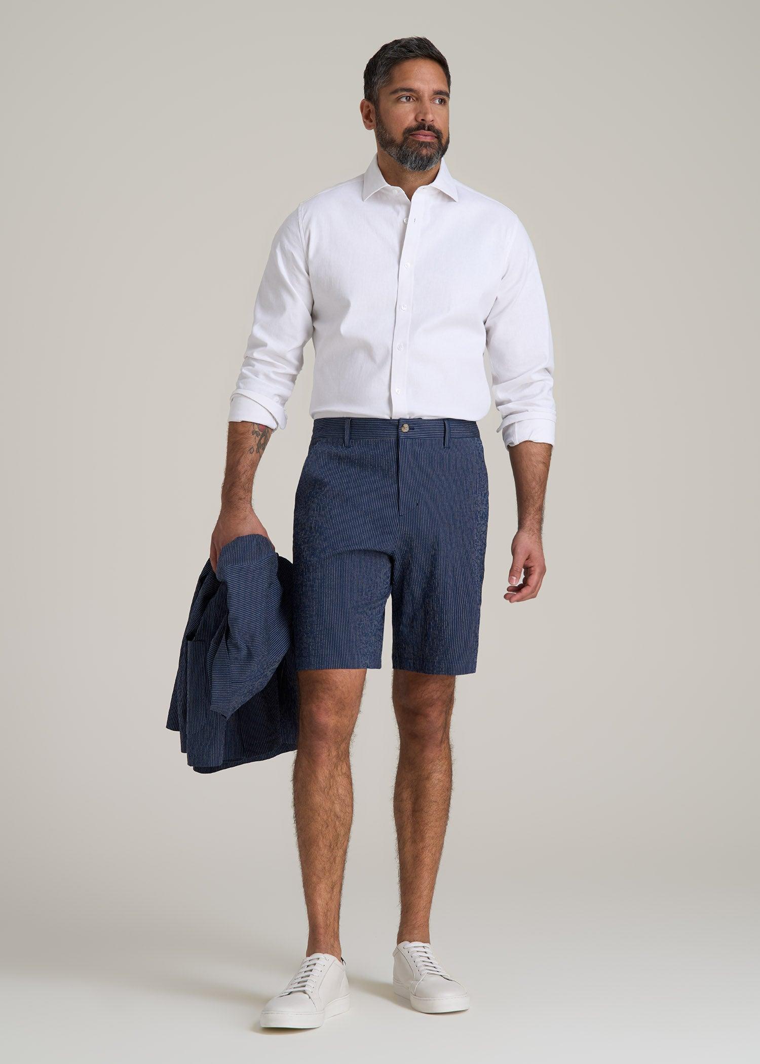 Seersucker Shorts for Tall Men in Navy and Off White Stripe Male Product Image