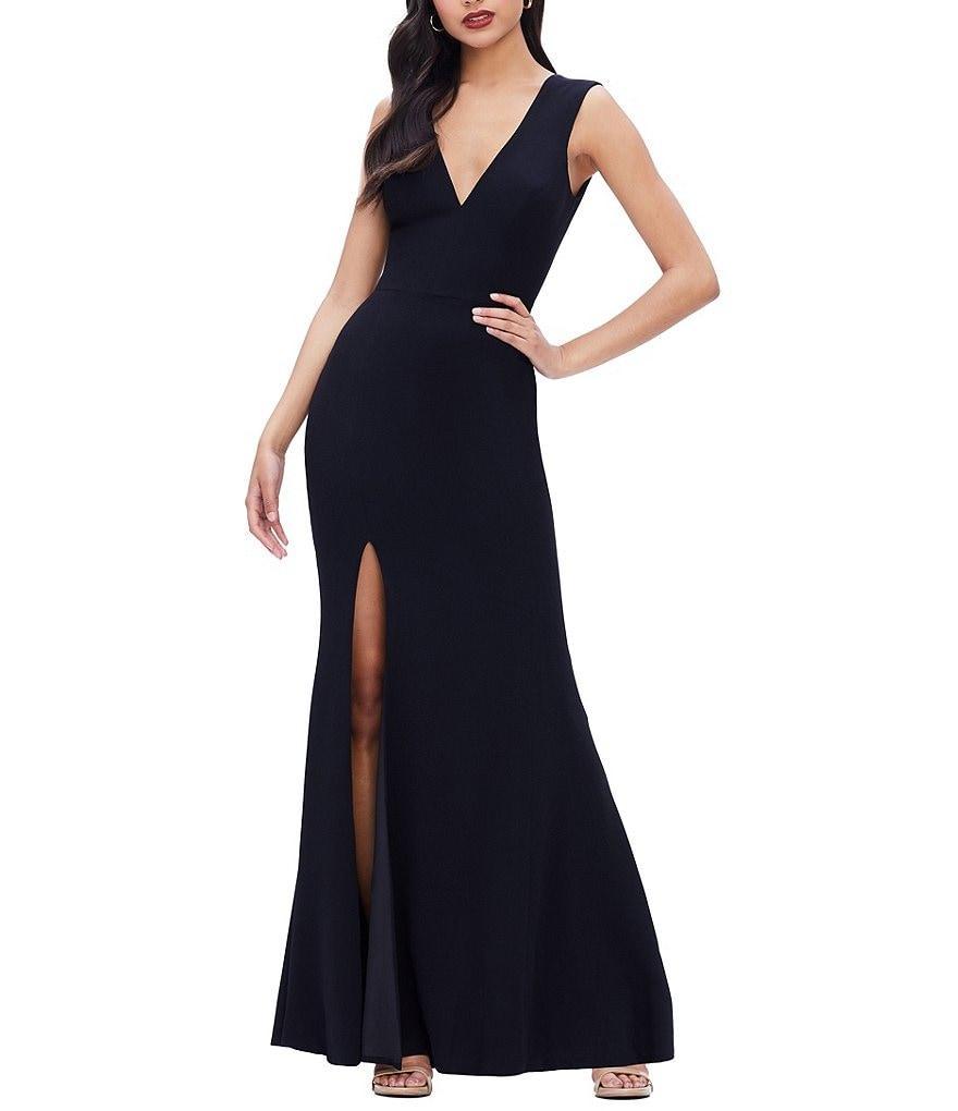 Dress the Population Sandra Crepe Plunge V-Neck Sleeveless Side Slit Gown Product Image