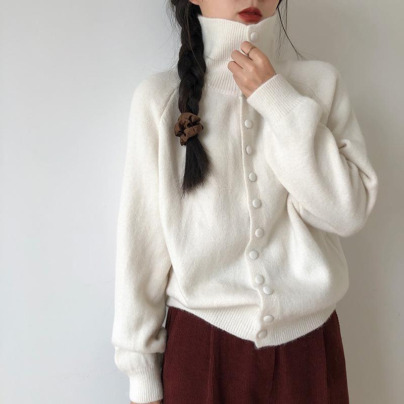 Turtleneck Plain Button-Up Cardigan Product Image