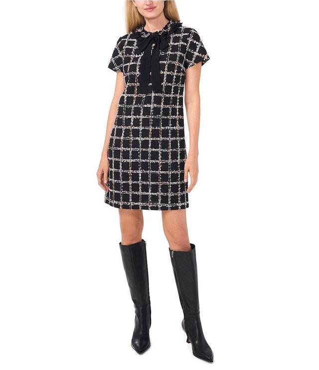 CeCe Plaid Gauze Tweed Ruffle Platter Tie Collar Short Sleeve Above the Knee Shift Dress Product Image