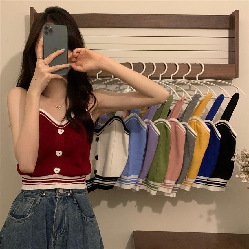 Two Tone Heart Button Crop Knit Tank Top Product Image